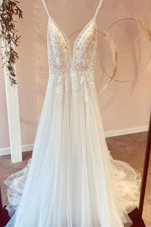 Romantic Long V-neck Spaghetti Straps A-line Wedding Dress Tulle With Appliques Lace | Ballbellas Ballbellas