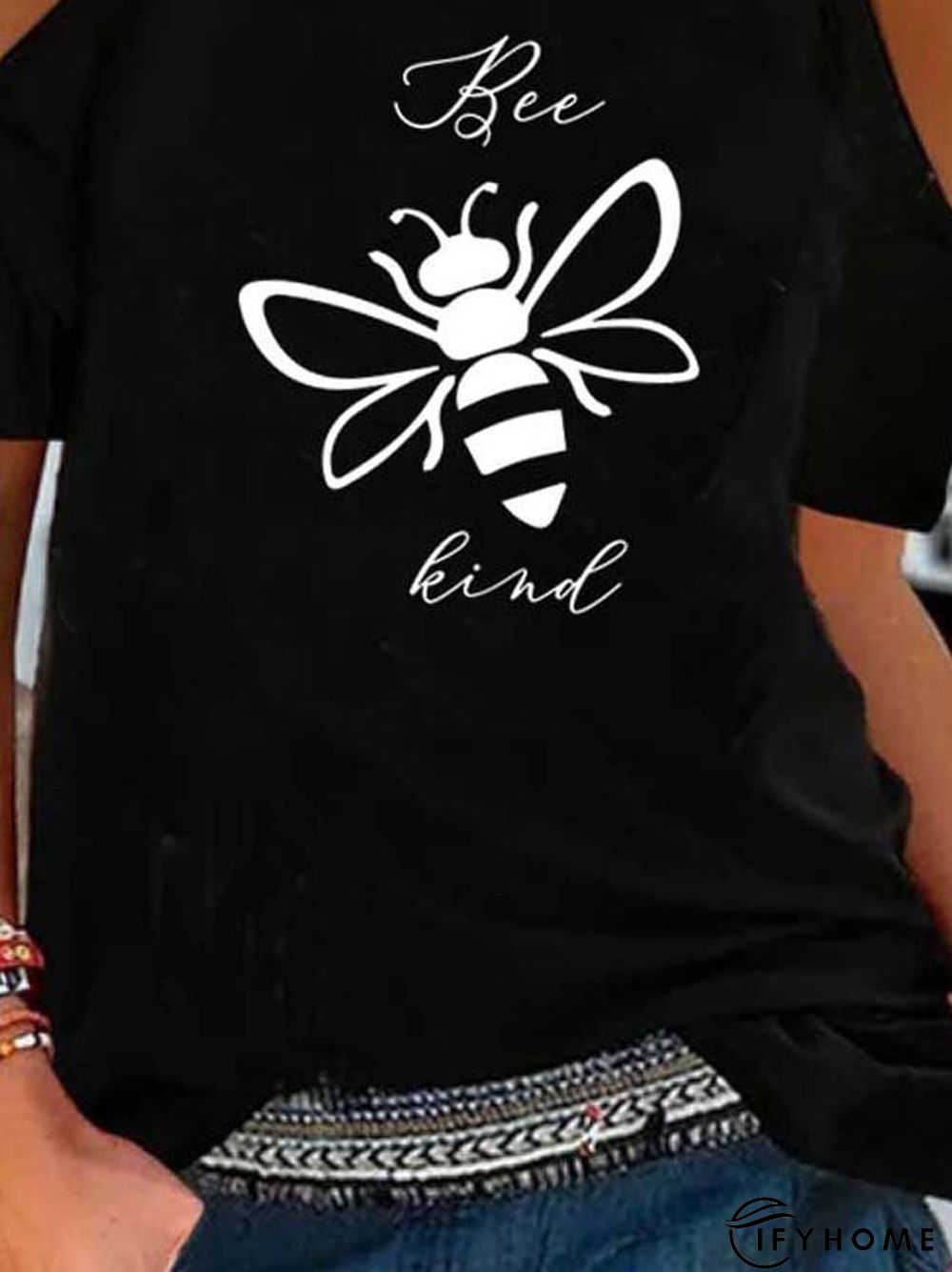 Animal  Short Sleeve Printed  Cotton-blend Off Shoulder Cold Shoulder  Casual  Summer  Black Top | IFYHOME