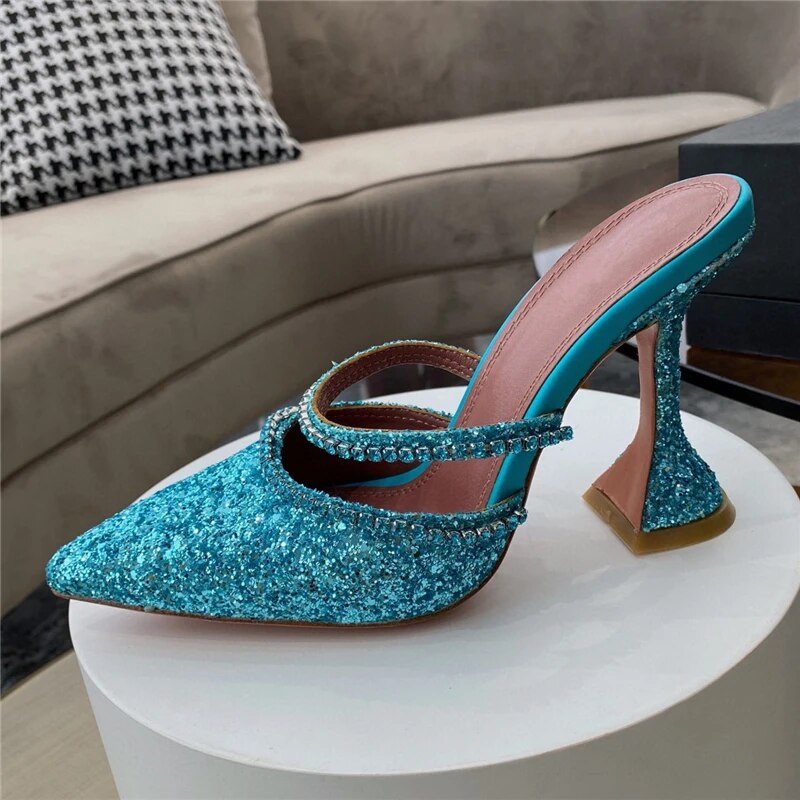 VCSHOES Leopard Horsehair Runway Sandals Women High Goblet Heel Point Toe Jeweled Rhinestone High Heel Mules Woman