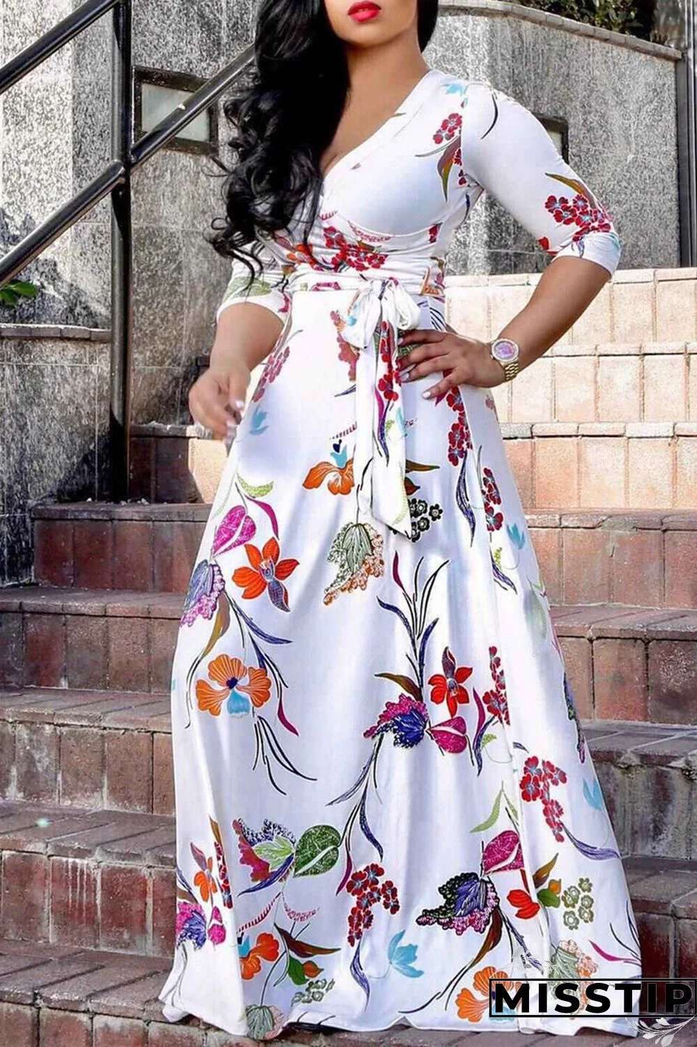 Blue Fashion Casual Print Bandage V Neck Long Sleeve Dresses