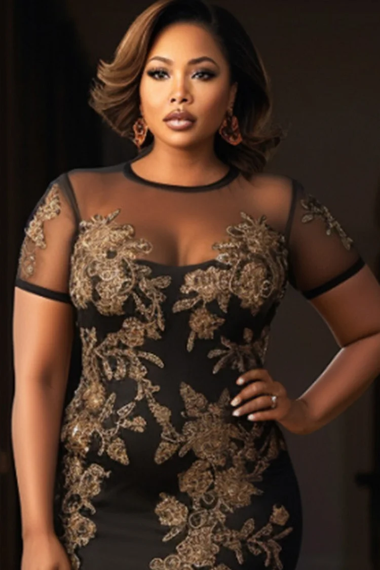 Xpluswear Design Plus Size Mother Of The Bride Black Round Neck Short Sleeve See Through Maxi Dresses [Pre-Order]