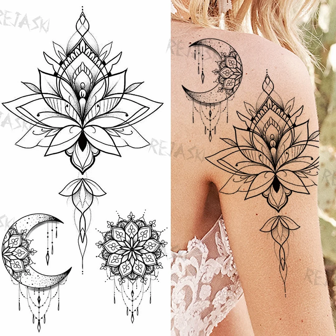 Mandala Flowers Temporary Tattoo For Women Black Henna Mehndi Tattoos Sticker Rose Lace Owl Fake Jewelry Tatoos Body Chest Back