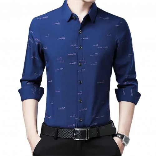 Fashion Business Plaid Shirt Men Long Sleeve Turn Down Collar Letters/Stripes Print Buttons Shirt Top Casual Shirts Small size