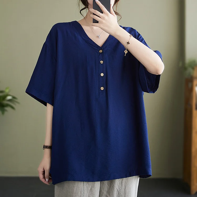 Simple Cotton Linen Short Sleeve T-shirt - yankia
