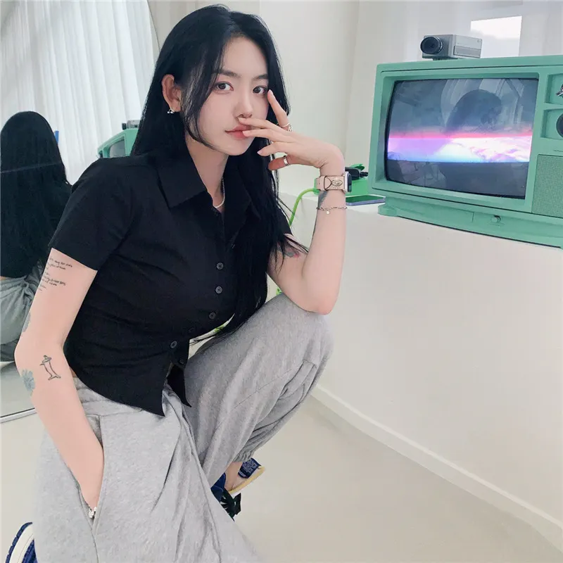 Brownm Brownm Summer Pure Desire To Collect Waist Sexy Hot Girl Shirt Short Sleeve Chic Top White Short Style Slim Shirt Female Tide