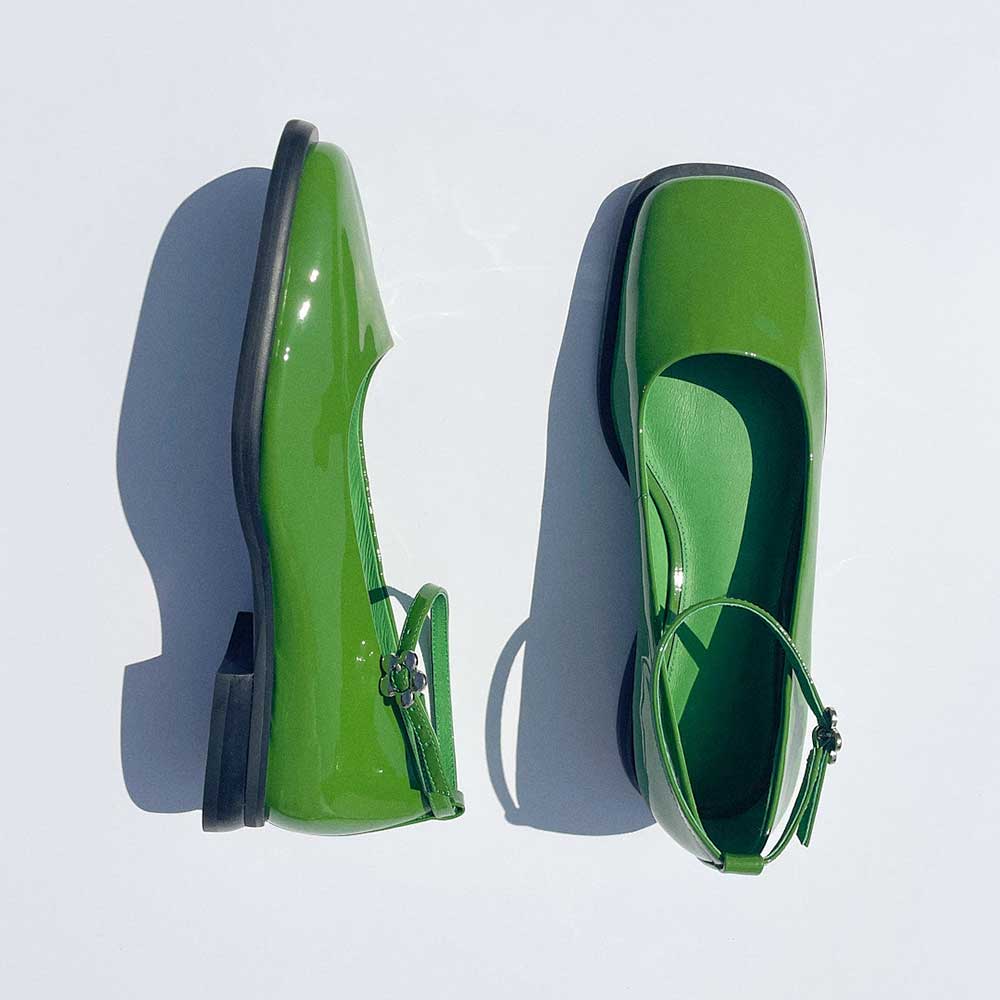 Green Patent Leather Closed Square Toe Floral Buckle Ankle Strappy Mary Janes With Chunky Heels Nicepairs