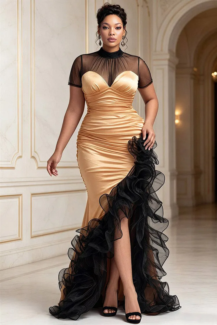 Xpluswear Design Plus Size Formal Tulle Gold Round Neck Short Sleeve Ruffle Split Satin Maxi Dresses [Pre-Order] 2024 - Xpluswear