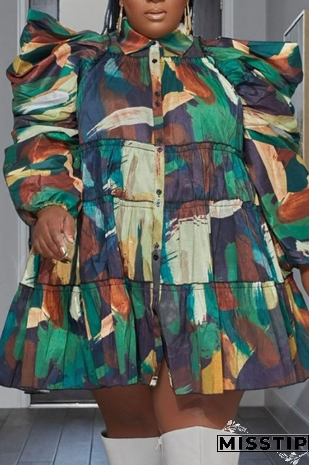 Orange Green Casual Print Patchwork Shirt Collar Shirt Dress Plus Size Dresses