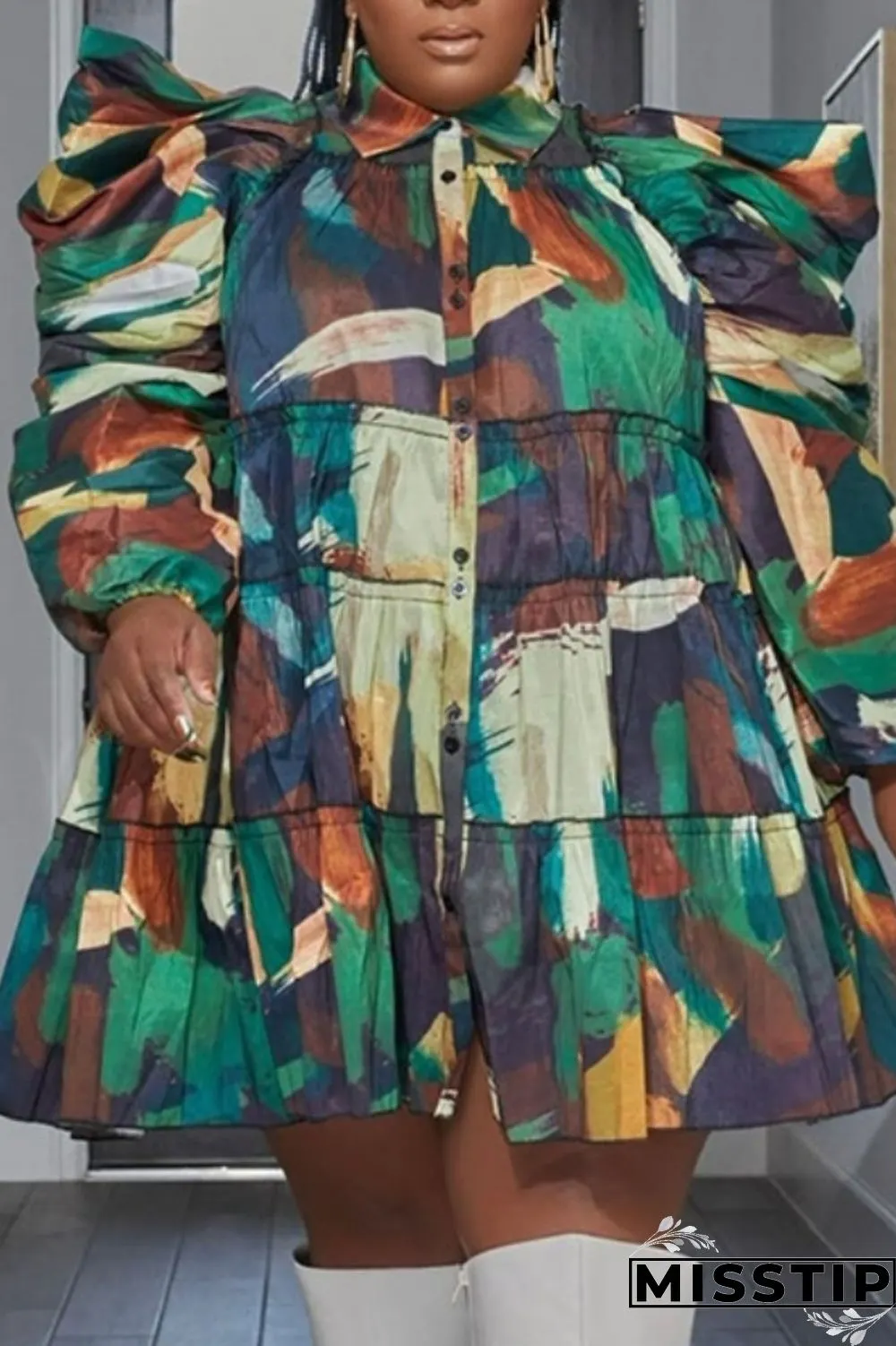 Orange Green Casual Print Patchwork Shirt Collar Shirt Dress Plus Size Dresses