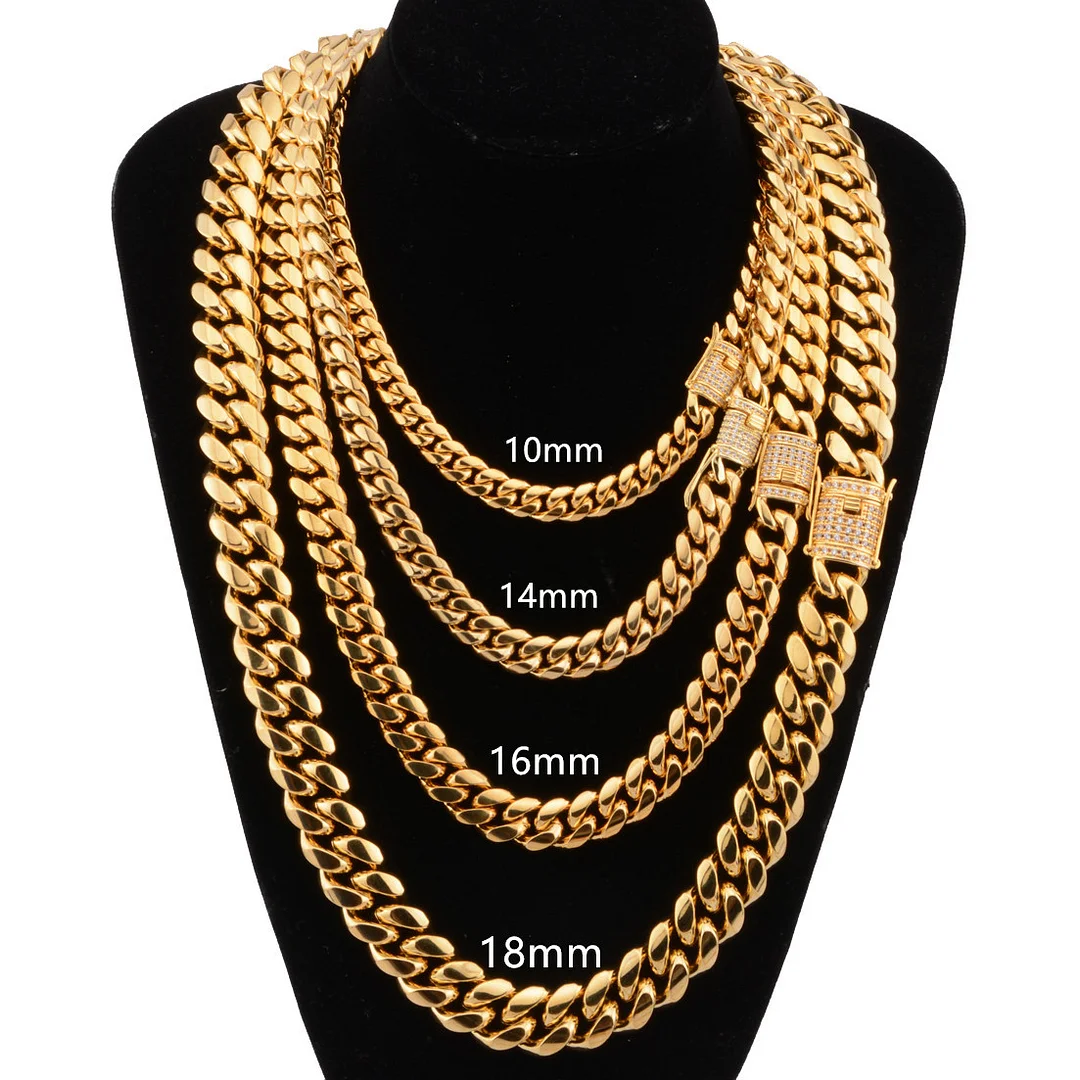 Mens Miami Cuban Link Chain 18K Gold 8-18mm Titanium Stainless Steel Curb Necklace with cz Diamond Chain Choker