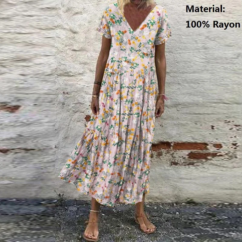 ZANZEA Summer Women Sundress Bohemian Floral Print Beach Maxi Dress Vintage V Neck Short Sleeve Oversized Dresses Kaftan Vestido