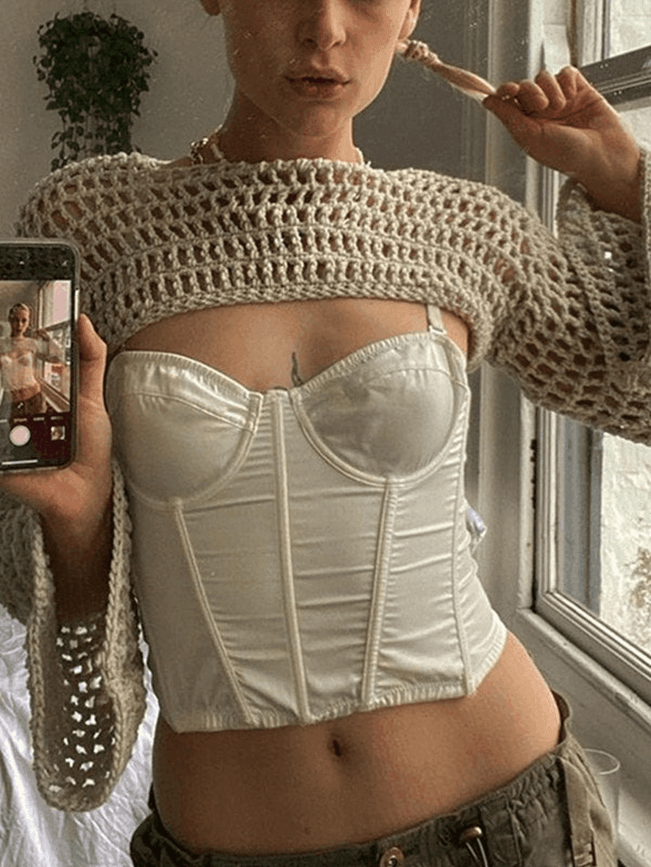Brownm Long Sleeve Crochet Bolero Knit Top