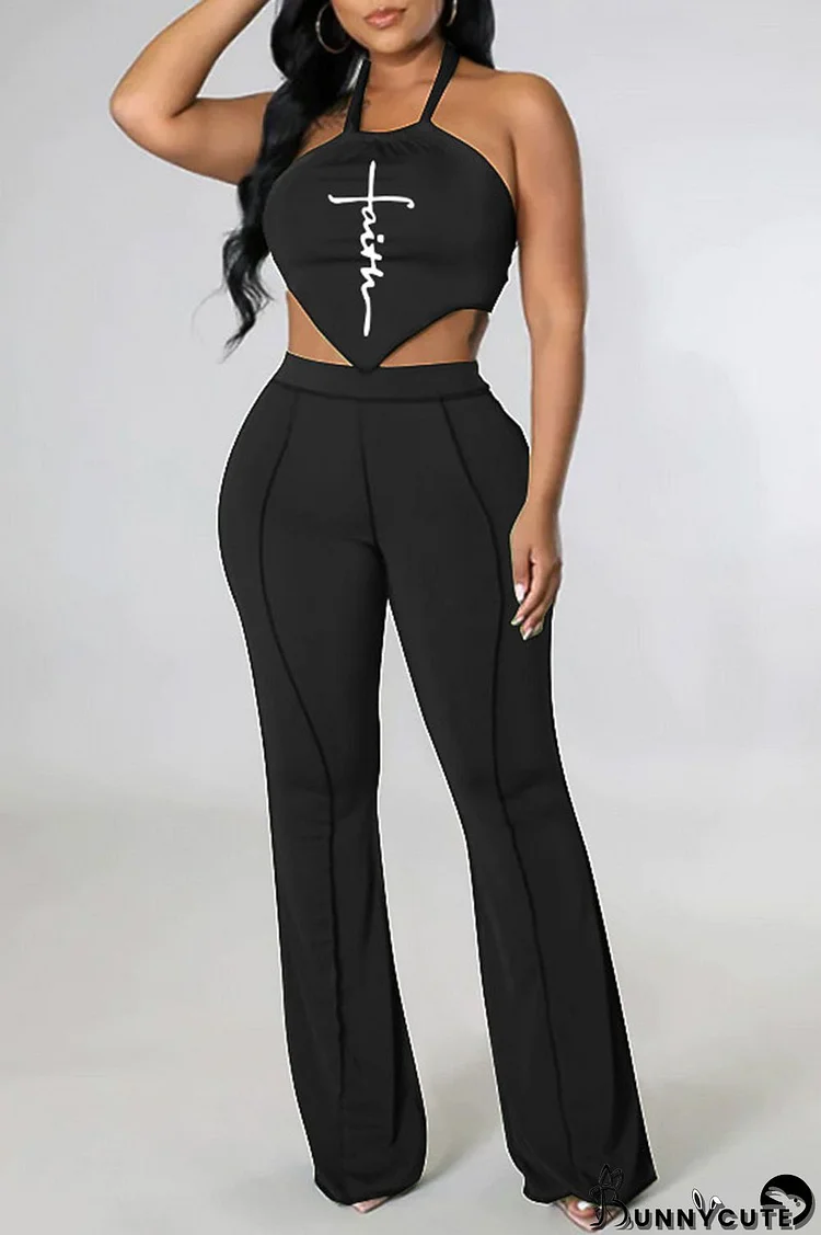 Black Sexy Print Backless Asymmetrical Halter Sleeveless Two Pieces