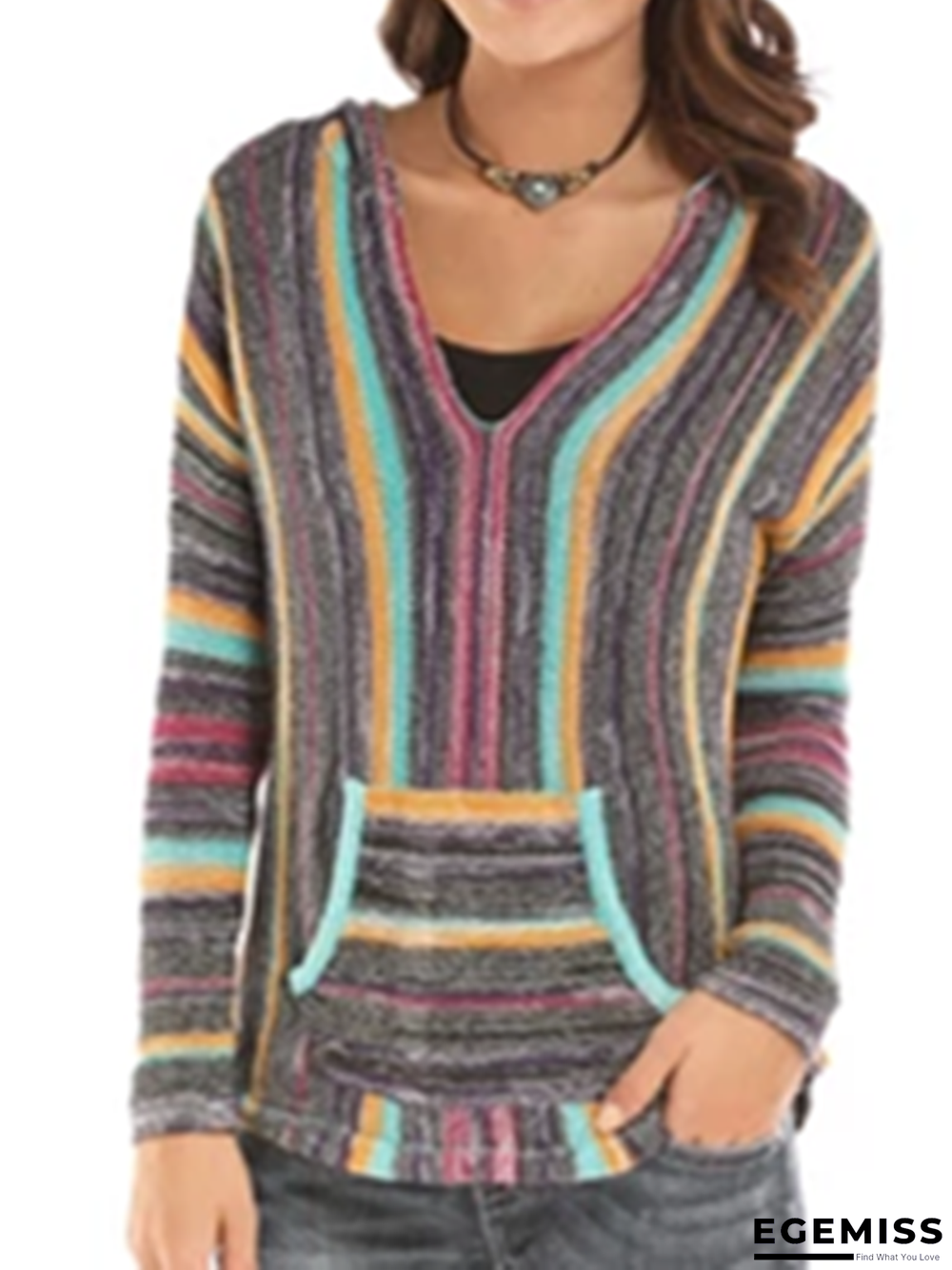 Multicolor Long Sleeve Hoodie Stripes Knitted Sweater | EGEMISS