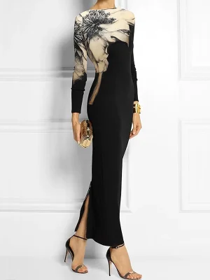 Image of Bodycon Long Sleeves Floral Printed Boat Neck Maxi Dresses