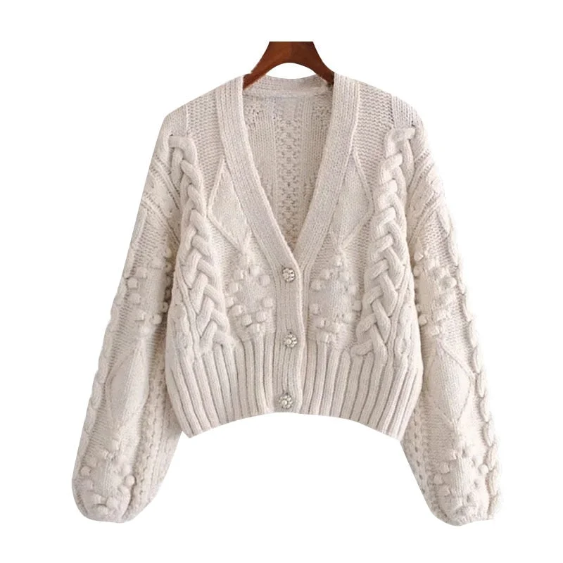 KPYTOMOA Women 2021 Fashion Pompom Appliques Cropped Knitted Cardigan Sweater Vintage Long Sleeve Female Outerwear Chic Tops