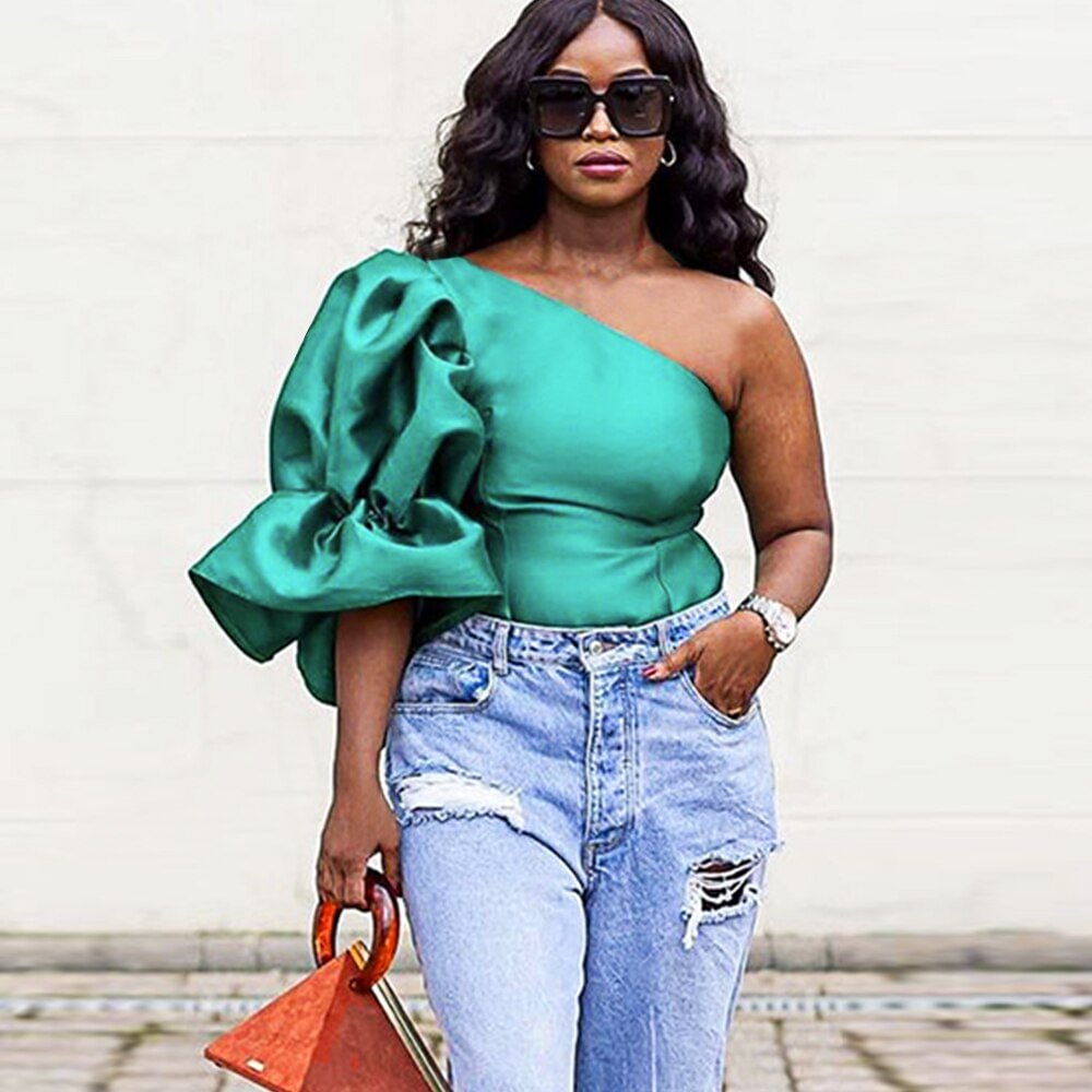 Woherb Women Blouse One Shoulder Puff Sleeves Sexy Elegant Tops Green Large Size Shirt 2022 Fashion Party Female African Spring Summer