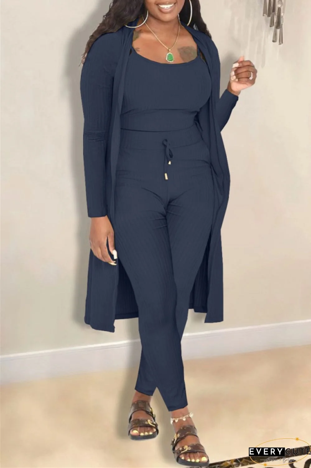 Casual Solid Cardigan Vests Pants Long Sleeve Three Piece Set
