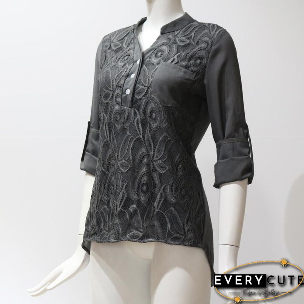 Lace Chiffon Blouses Shirts Women Casual Long Sleeve Tops Plus Size Blouses