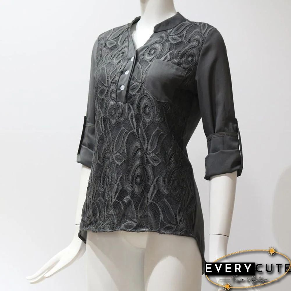 Lace Chiffon Blouses Shirts Women Casual Long Sleeve Tops Plus Size Blouses