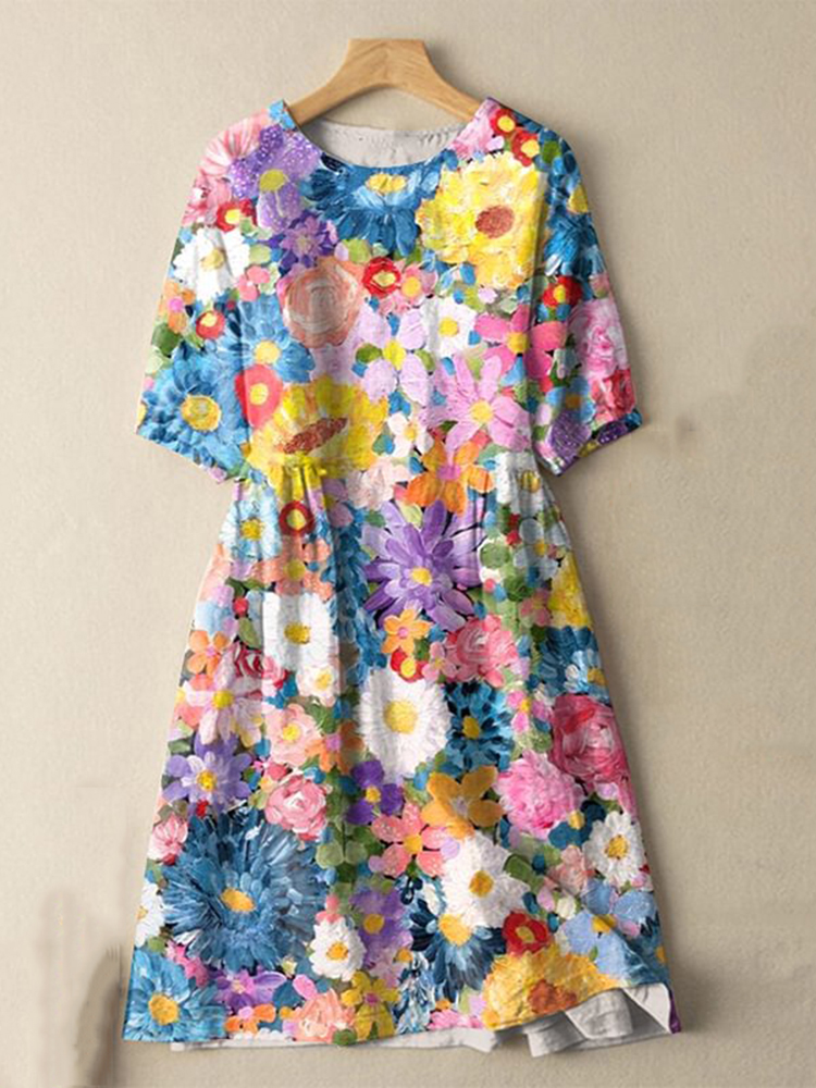 Comstylish Japanese  Colorful Watercolor Spring Flowers Print Cotton Linen Blend Midi Dress
