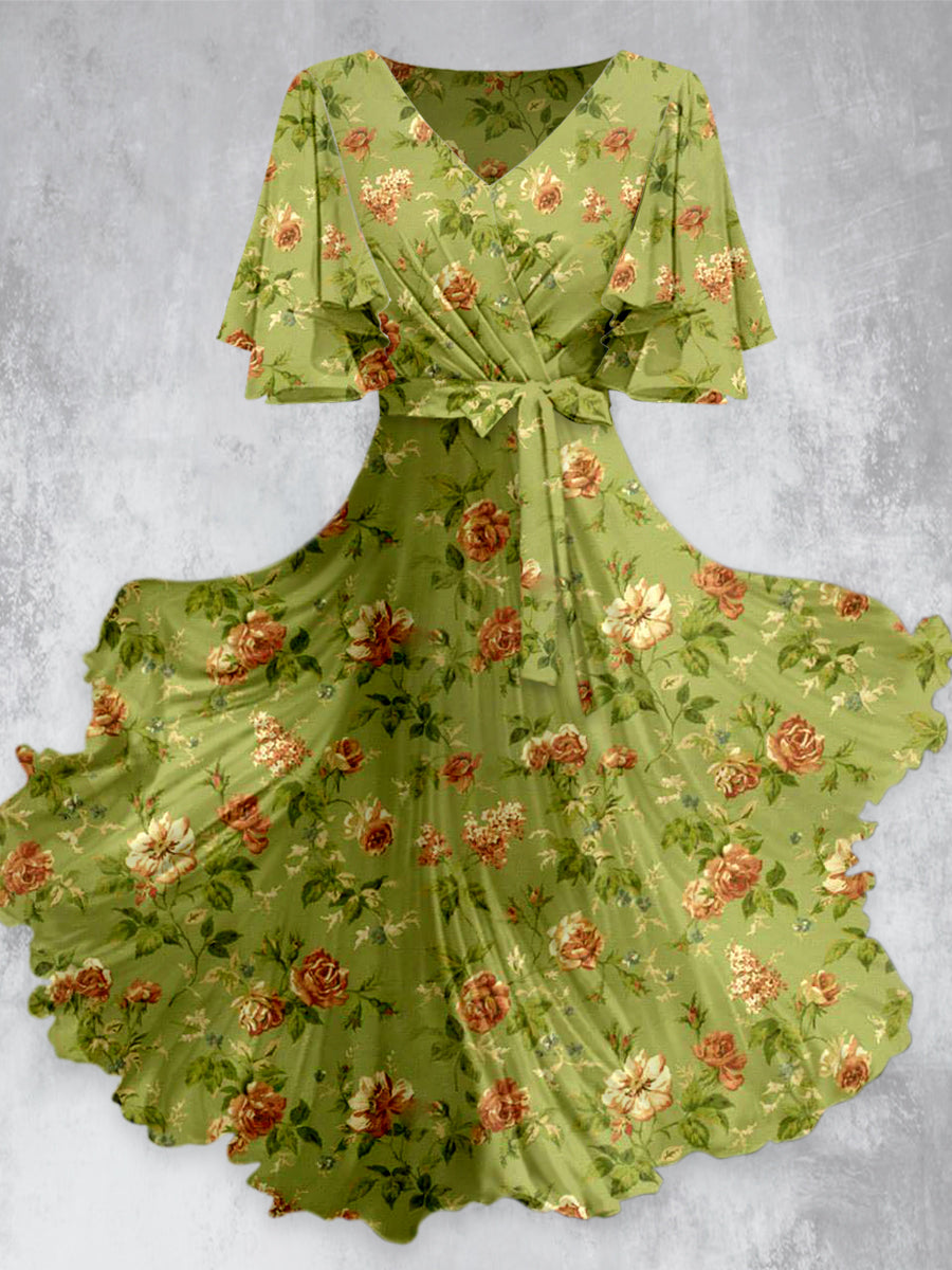 Retro Floral Print V-Neck Chic Short Sleeve Midi Dress
