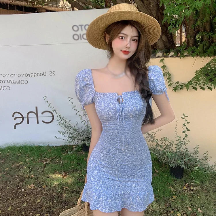 Efenbei Summer Women Tie Neck Boho Bodycon Dress  Floral Print Mini Sexy Casual Elegant Puff Sleeve Party Dresses Y2K Clothing