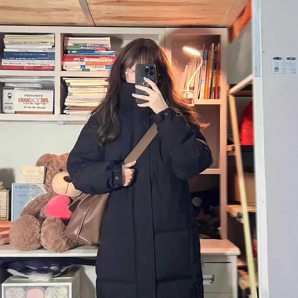Woherb Black Down Cotton Clothes Female In The Long Style 2024 Winter Dress New Thickened Cotton-Padded Jacket Middle Drama Art Examination Students Over The Knee Coat-Outfit Ideas