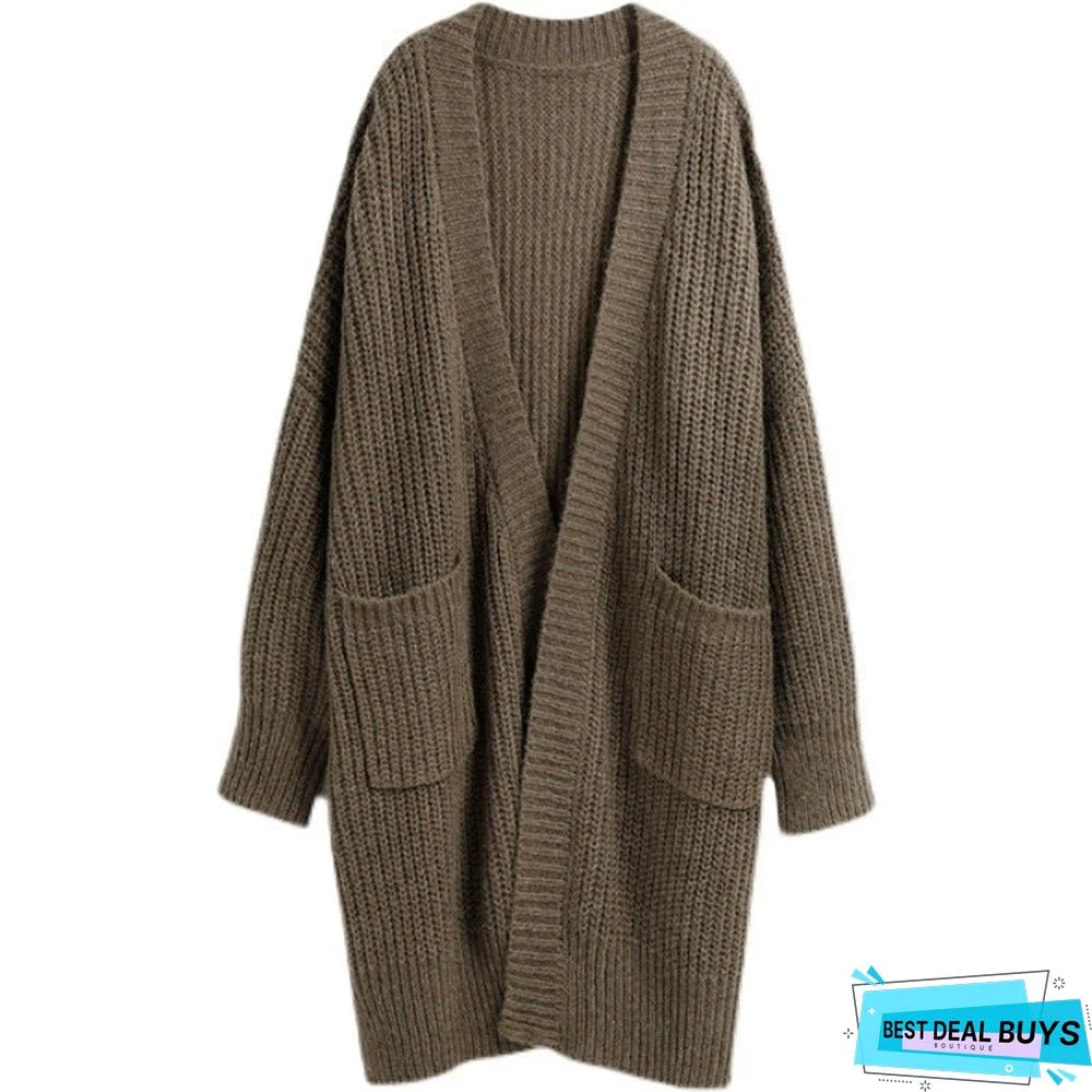 Fashion Casual Solid Color Belted Chunky Knit Sweater Cardigan Women