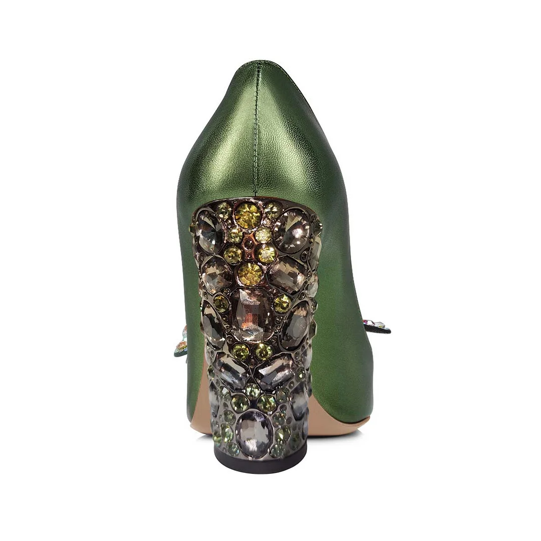 Green Pointed Toe Rhinestone Butterfly Chunky Heel Pumps for Women