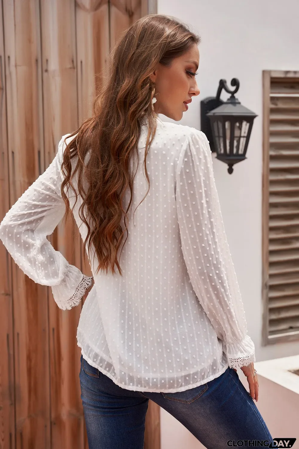 Elegant V-Neck Swiss Dot Lace Blouse