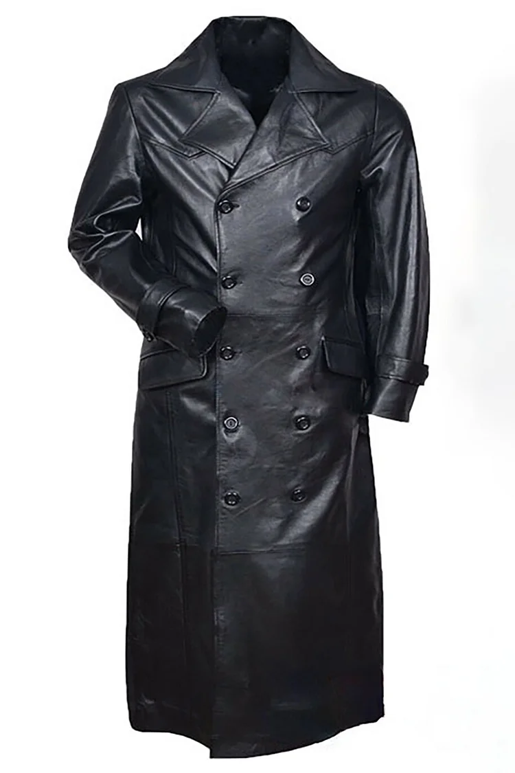 Notch Lapel Collar Double Breasted PU Leather Trench Coat