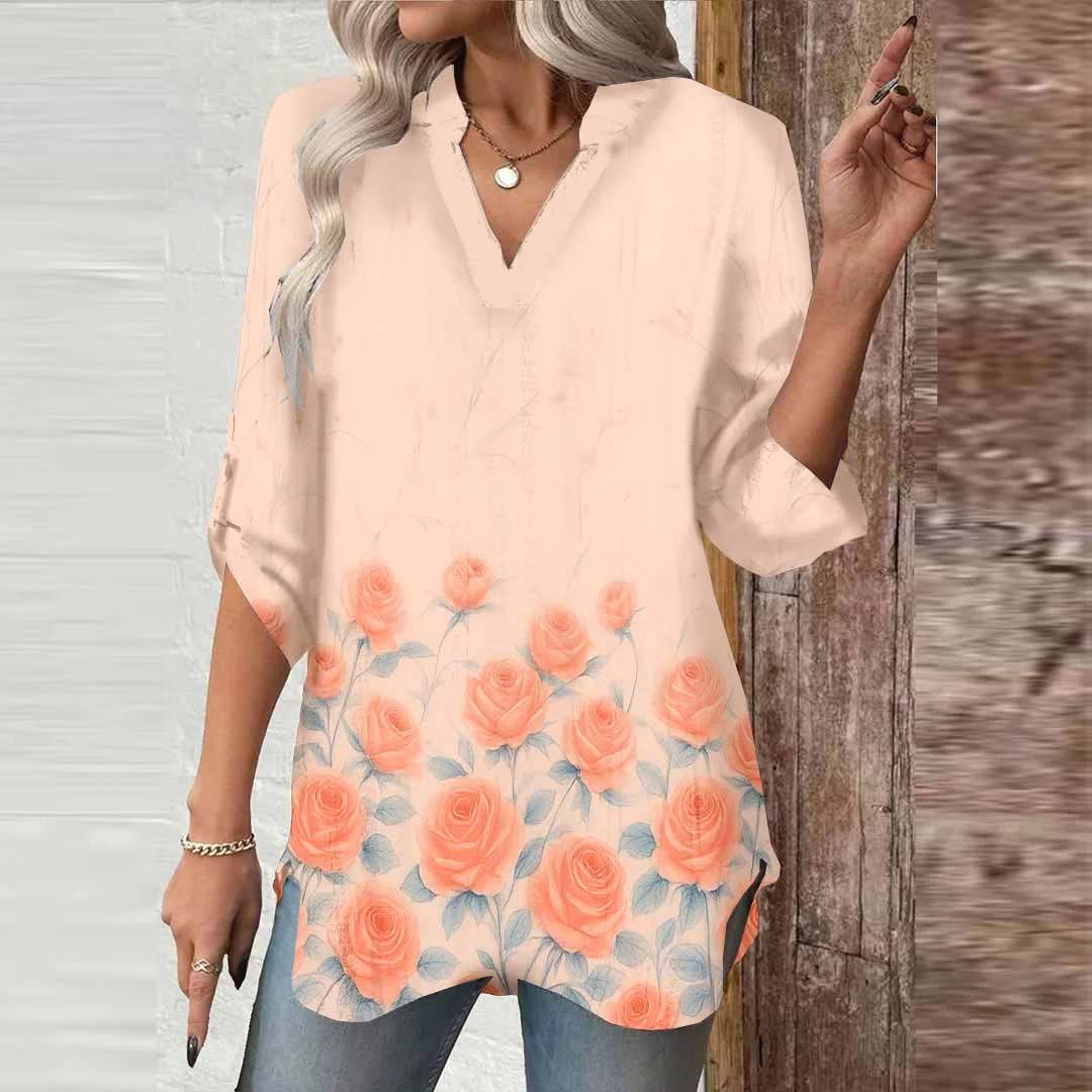 Women Pink, Floral, Rose DZGA0529 3/4 Sleeve V-neck Printed Graphic Button Tops