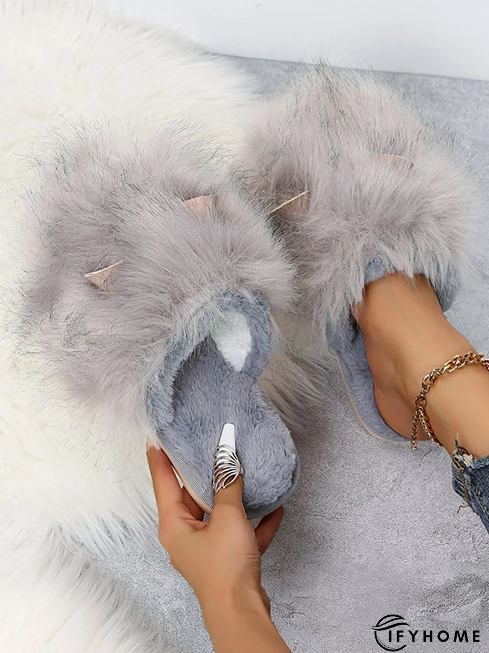 Cute Cat Ears Mohair Warm Fleece Indoor Slippers | IFYHOME