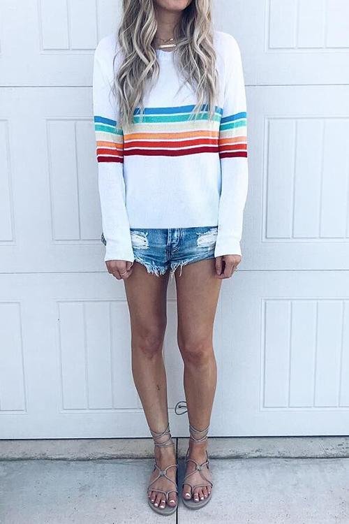 Colorful Striped Long Sleeve Round Neck T-shirt - Shop Trendy Women's Clothing | LoverChic