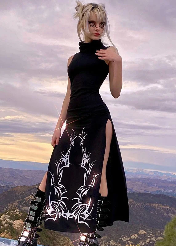 Sexy Black Turtleneck Print Side Open Cotton Robe Long Dresses Sleeveless