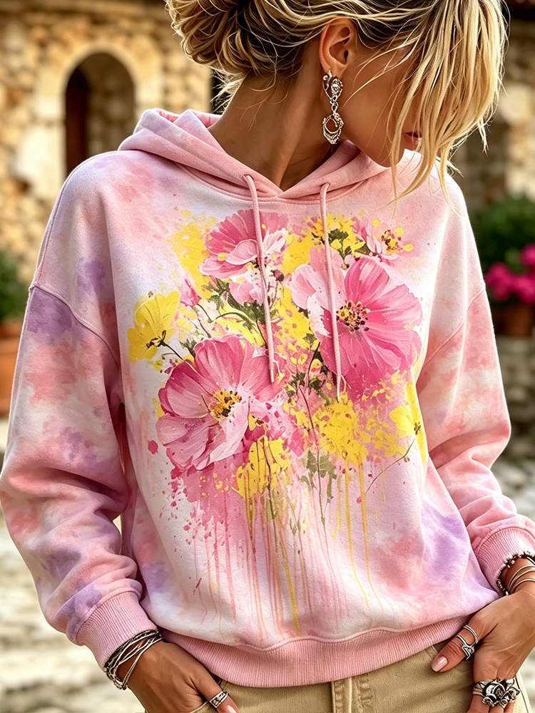 Comstylish Women's Casual Pullover Hoodie Sweatshirt With Pink Tie-dye And Watercolor Cosmos Floral Print