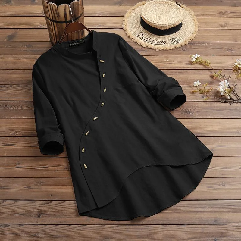 Women Vintage Shirts 2022 Spring Autumn Stylish Long Sleeve Top ZANZEA Casual Solid Asymmetrical Button Oversize Blusa Femininas