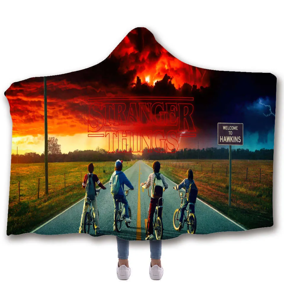 Stranger Things Hooded Blanket For children Sherpa Fleece Hoodie Blanket For Sofa Microfiber Mantle Throw Blanket For Travel