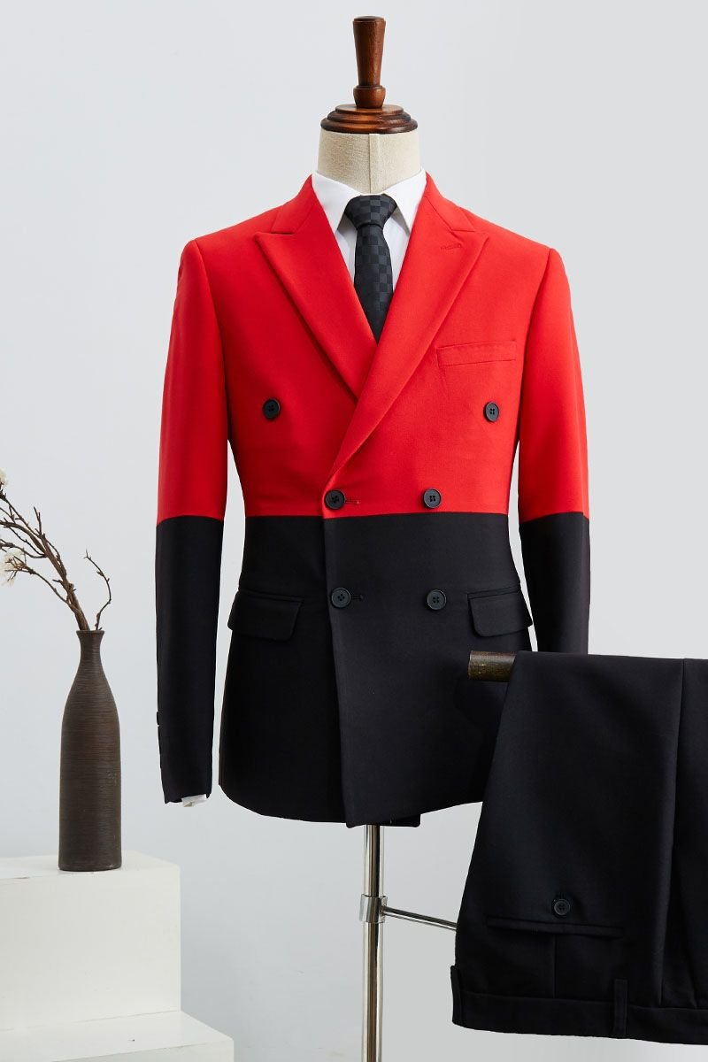 Shining Peaked Lapel Black And Red Stitching Suit For Man Double Breasted | Ballbellas Ballbellas
