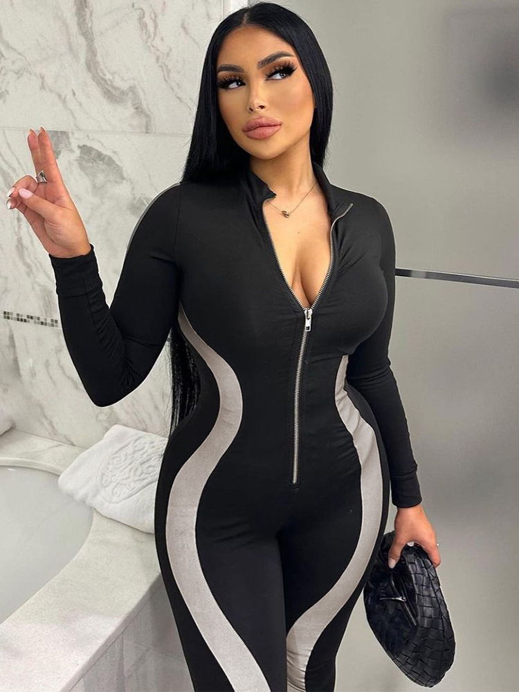 Hugcitar Striped Long Sleeve Zip Up Sexy Bodycon Skinny Jumpsuit  Fall Winter Streetwear Sport Gym Romper Y2K