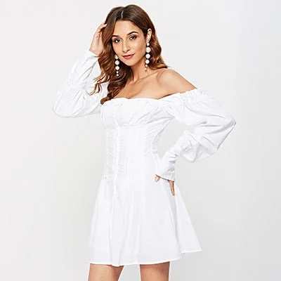 OOTN Sexy Off Shoulder White Tunic Dress Pleated Summer Women Long Sleeve Shirt Dress Female Ruffle Party Mini Dresses Elegant