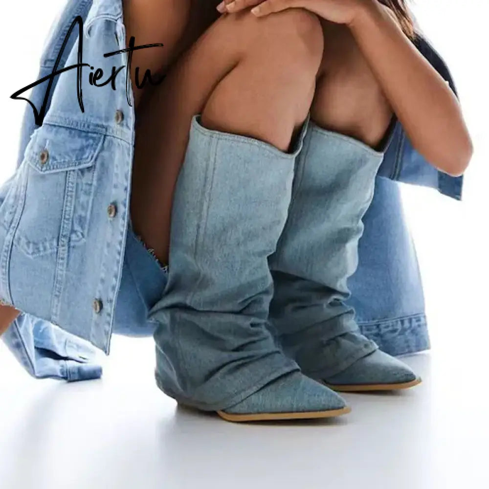 Fashion Women Chelsea Boots Cowboy Knee High Shoes 2023 New Autumn Winter Mid Heels Boots Casual Shoes Chunky Motorcycle Botas Aiertu