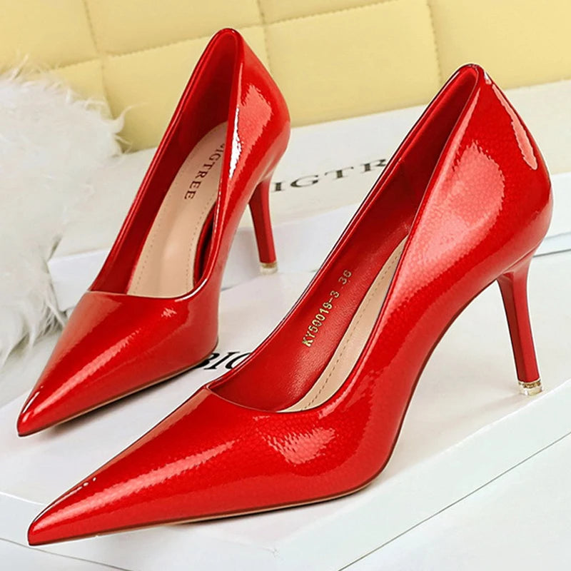 Shoes Crystal Patent Leather Women Pumps Pointed High Heels Women Shoes Stilettos Kitten Heels Female Shoes Plus Size 43 Aiertu