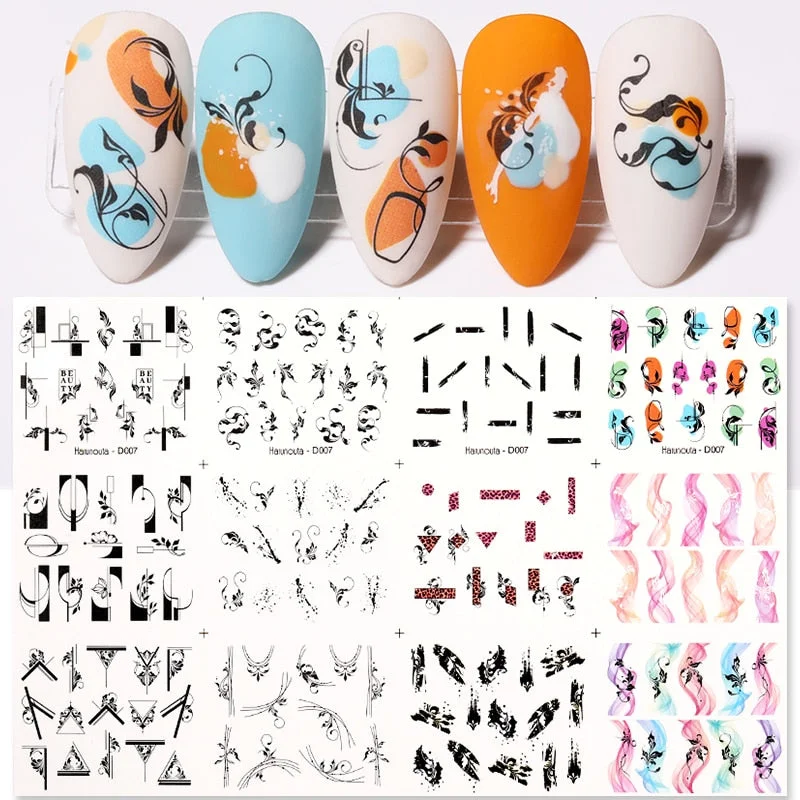 12Designs Simple Green Leaves Flower Nail Water Decals Harunouta Geometric Lines Watermarks Stickers Decoration Manicures