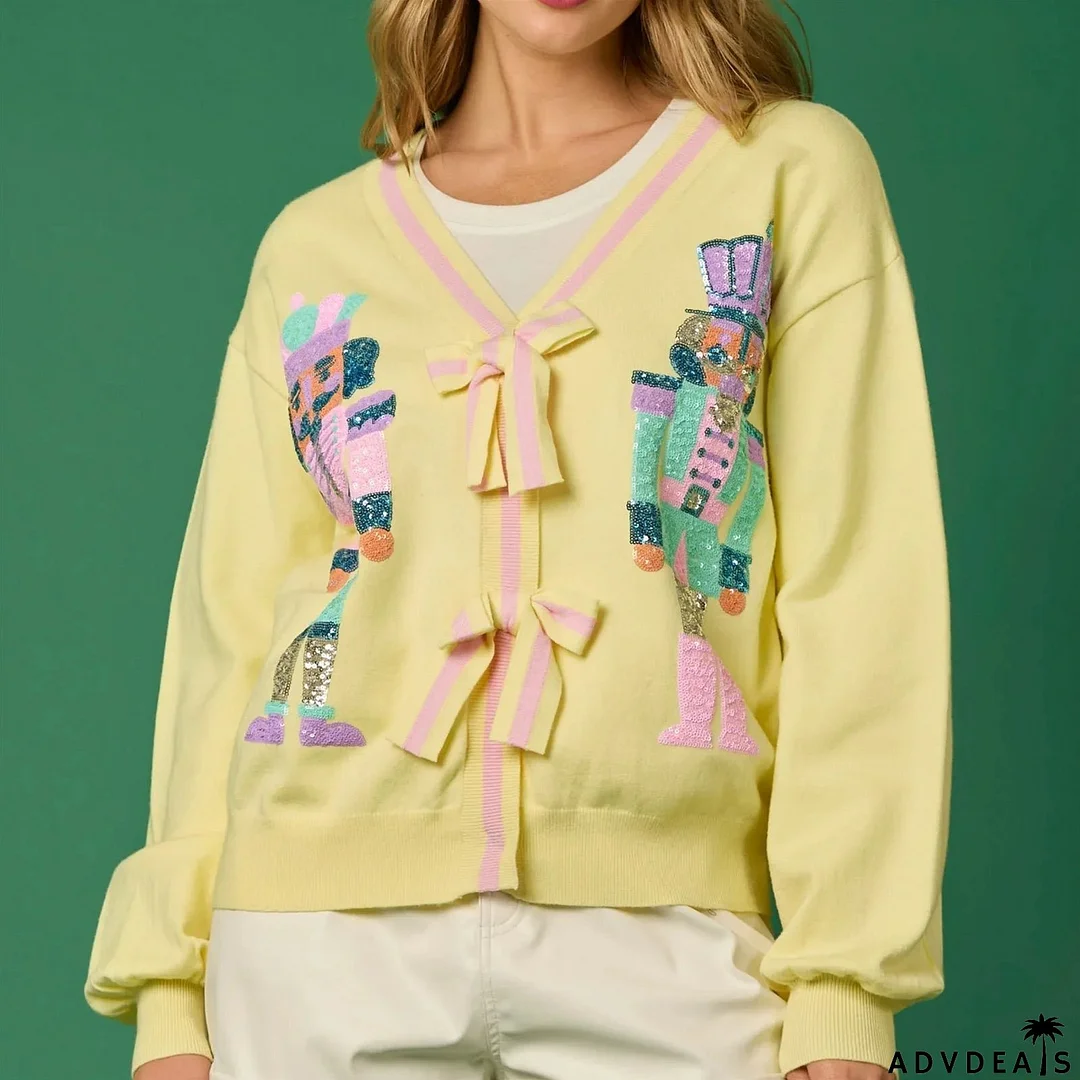 Sequin Christmas Nutcracker V-neck Cardigan