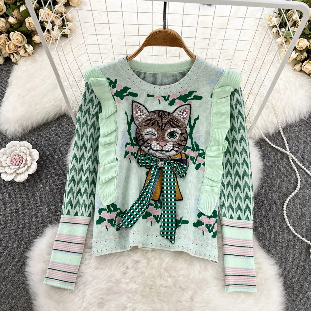 Huiketi Harajuku Diamonds Beaded Cat Bow Embroidery Sweater Women's Ruffles Flower Jacquard Cartoon Pullover Jumper Crop Tops