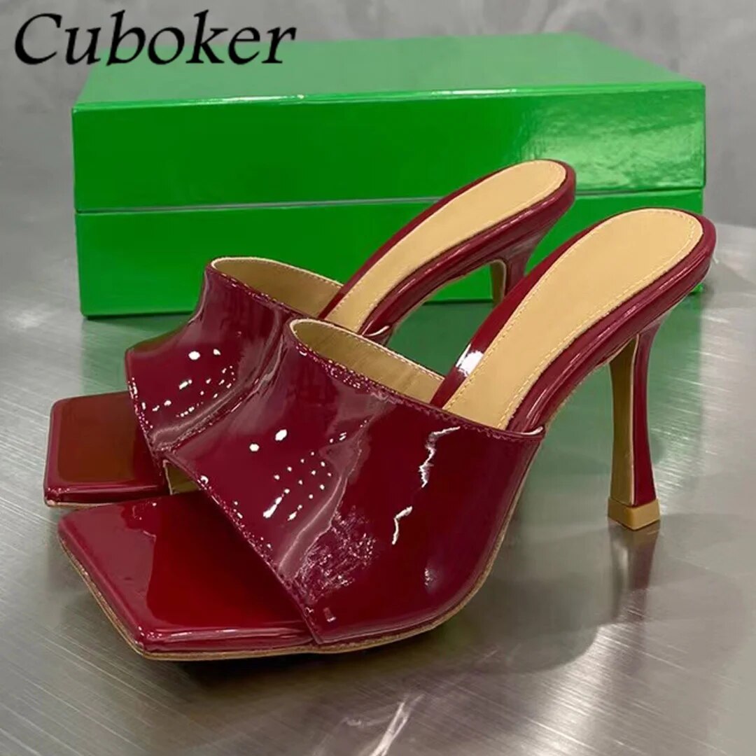 VCshoes Women Patent Leather Slippers Peep Toe Thin High Heels Ladies Mules Slides Women Party Pumps Mujer