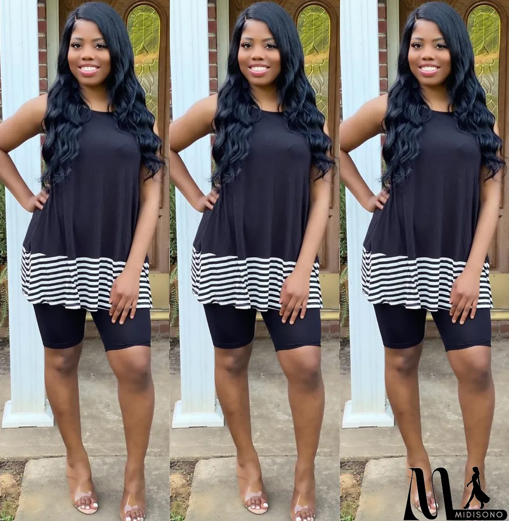 MidiSono - Casual Stripe Patchwork Sleeveless 2 Piece Shorts Set