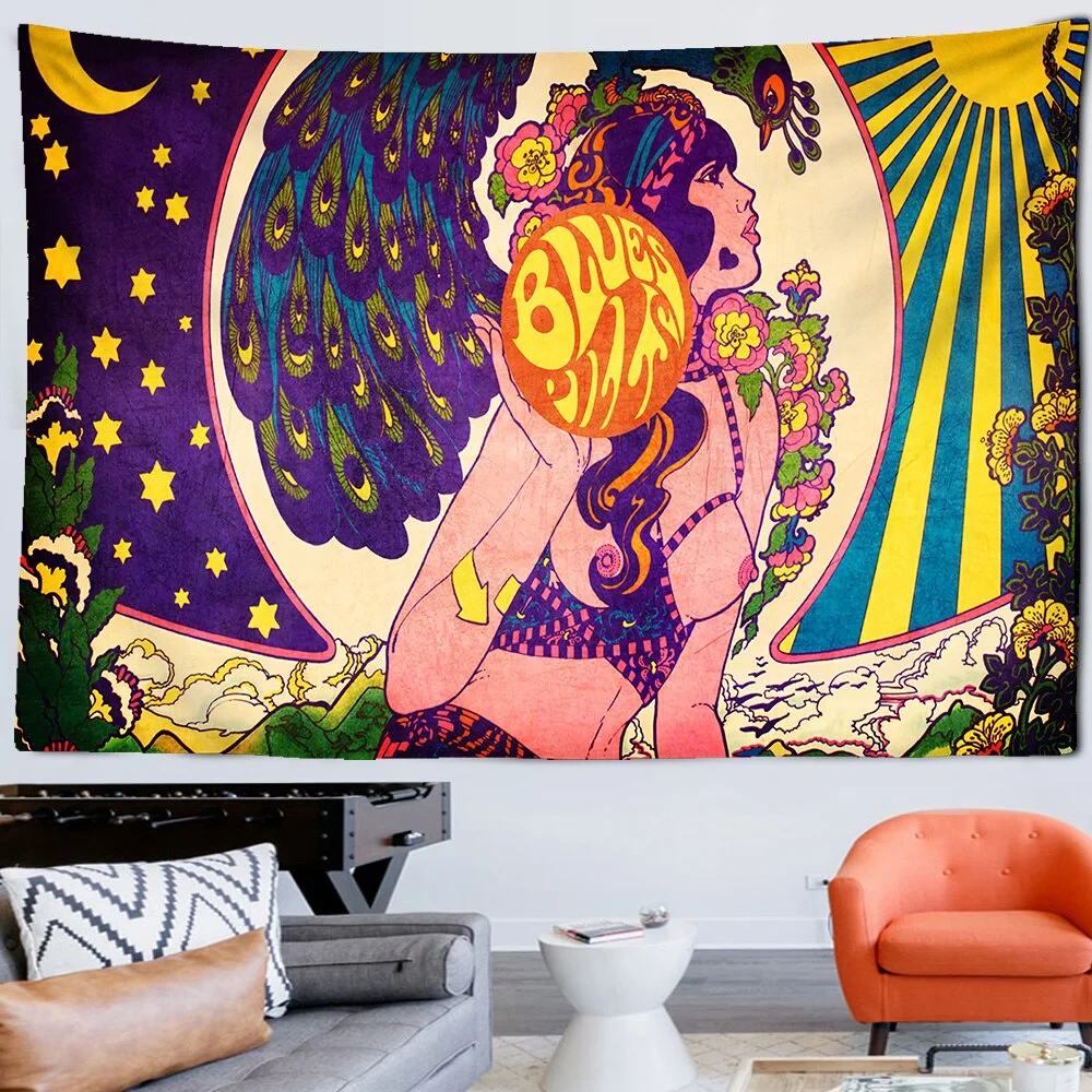 Nigikala Sun Moon Tapestry Wall Hanging Psychedelic Art Tapestries Wall Cloth Psychedelic Women Yoga Carpet Boho Decor